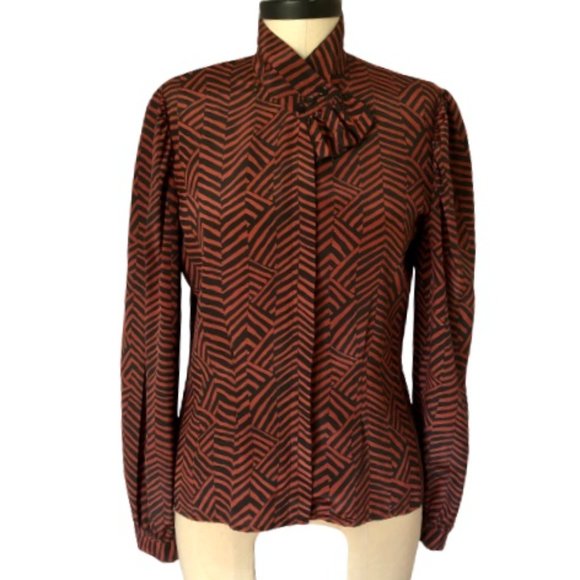 Vtg Geometric Puff Sleeve Ruffle Tab Patterned Top - Picture 15 of 15